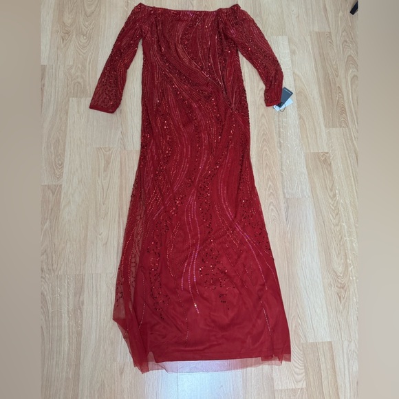 ADRIANNA PAPPEL Beaded Sequins Off Shoulder Gown in Cranberry Red Size 12 NWT - Picture 5 of 8